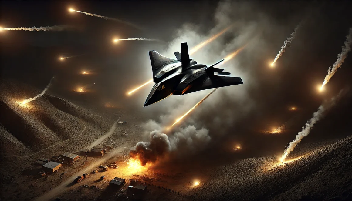 A dramatic, high-detail scene of a stealth jet fighter, the F-117 Nighthawk, being shot down over rugged terrain at night. The jet, partially engulfed