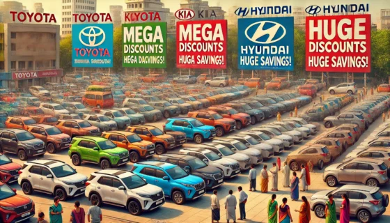 A lively Indian car dealership showcasing Toyota, Kia, and Hyundai SUVs, all prominently labeled with 'Mega Discounts' and 'Huge Savings!'