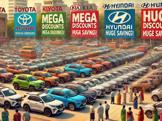 A lively Indian car dealership showcasing Toyota, Kia, and Hyundai SUVs, all prominently labeled with 'Mega Discounts' and 'Huge Savings!'