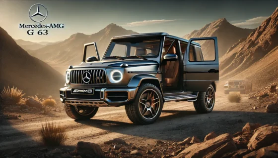 2024 Mercedes-AMG G 63 SUV parked on rugged terrain, showcasing a muscular build, iconic grille, luxurious leather interior, and advanced dashboard, with a mountainous landscape in the background.