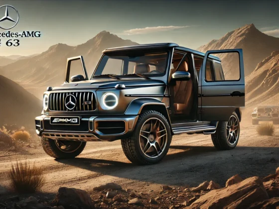 2024 Mercedes-AMG G 63 SUV parked on rugged terrain, showcasing a muscular build, iconic grille, luxurious leather interior, and advanced dashboard, with a mountainous landscape in the background.