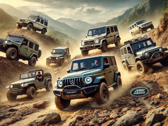 A thrilling off-road adventure scene featuring popular 4x4 SUVs, showcasing a lineup of rugged vehicles including Mahindra A thrilling off-road adventure scene featuring popular 4x4 SUVs, showcasing a lineup of rugged vehicles including Mahindra Thar Roxx, Force GurkhaRoxx, Force Gurkha