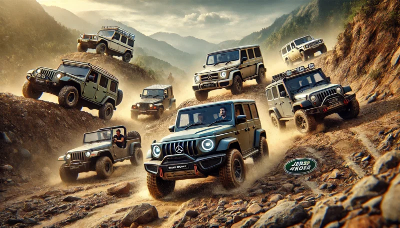 A thrilling off-road adventure scene featuring popular 4x4 SUVs, showcasing a lineup of rugged vehicles including Mahindra A thrilling off-road adventure scene featuring popular 4x4 SUVs, showcasing a lineup of rugged vehicles including Mahindra Thar Roxx, Force GurkhaRoxx, Force Gurkha