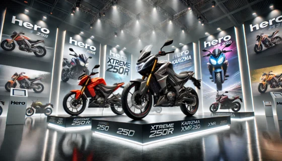 An exciting, high-detail image showcasing two new motorcycles, the Hero Xtreme 250R and the Karizma XMR 250, side by side in a sleek exhibition setting