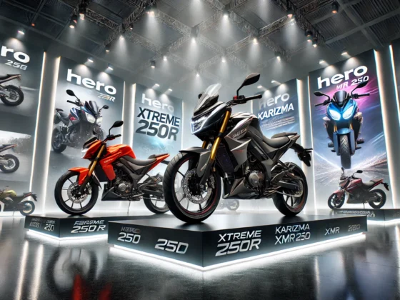 An exciting, high-detail image showcasing two new motorcycles, the Hero Xtreme 250R and the Karizma XMR 250, side by side in a sleek exhibition setting