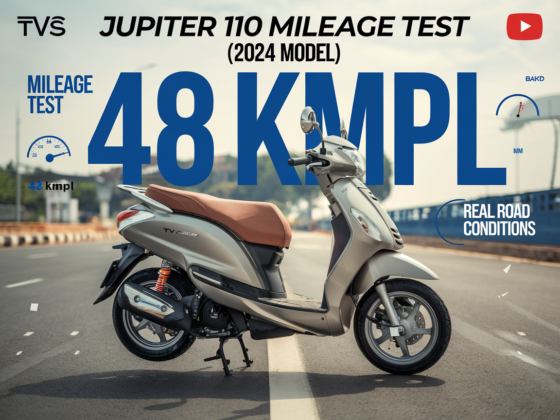 2024 TVS Jupiter 110 scooter parked on an urban road, showcasing its mileage test with '48 kmpl' displayed, highlighting fuel efficiency features for city riding.