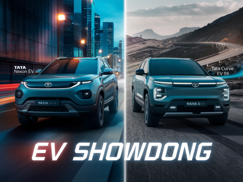 Tata Nexon EV LR and Curve EV 55 side by side with 'EV Showdown' text overlay, split background of cityscape and open road.