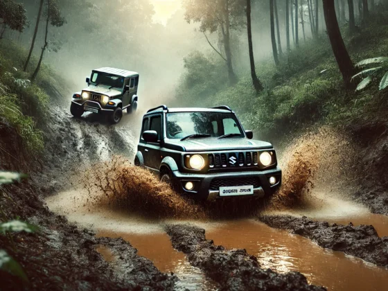 An off-roading scene with a Suzuki Jimny and a Mahindra Thar driving through a muddy, slushy terrain. Both vehicles are covered in mud, navigating through the forest