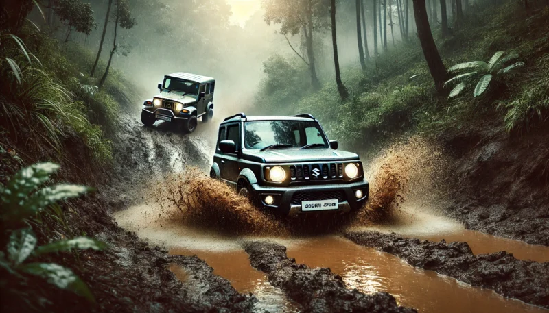 An off-roading scene with a Suzuki Jimny and a Mahindra Thar driving through a muddy, slushy terrain. Both vehicles are covered in mud, navigating through the forest