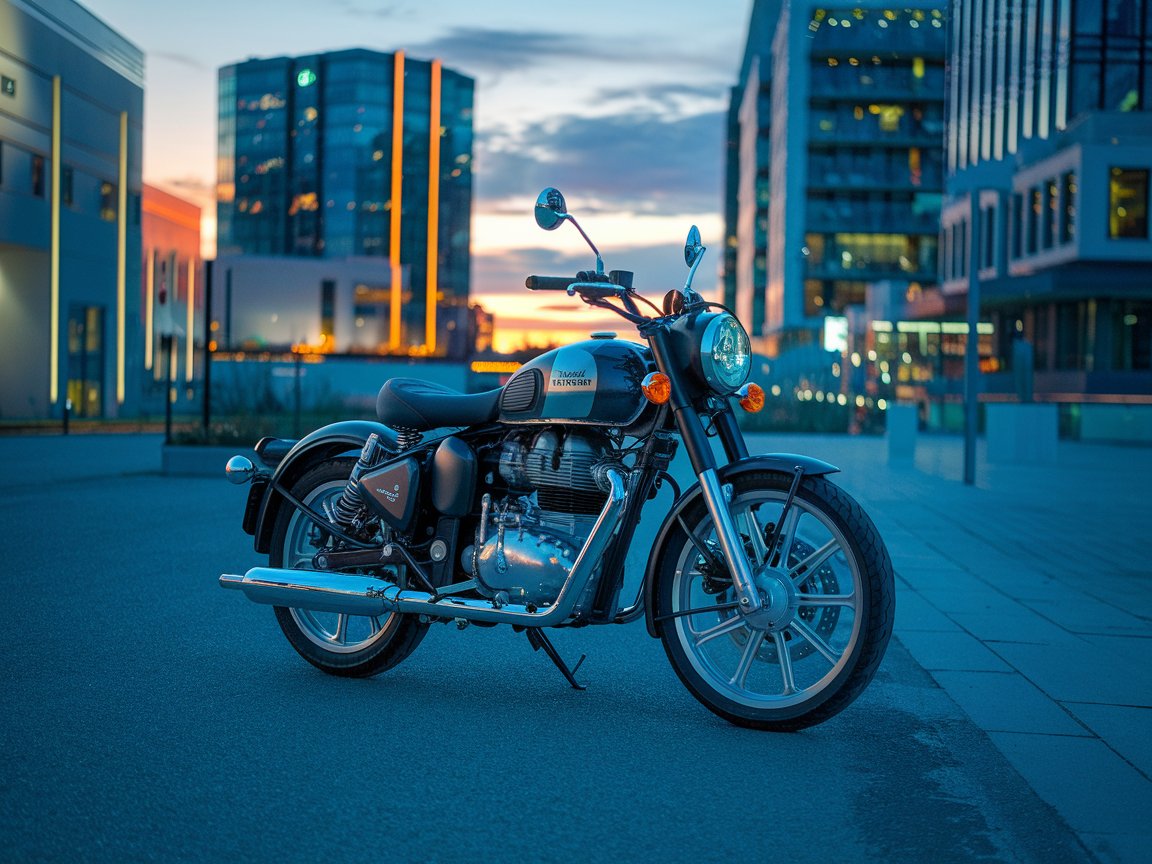 A photo of a Royal Enfield Thunderbird motorcycle parked on a street in a modern city at dusk.