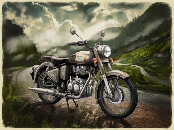 A vintage-style illustration of a Royal Enfield Bullet 350 motorcycle parked on a rugged mountain road in India.